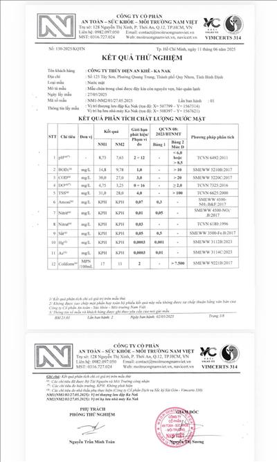 Các kết quả quan trắc về công tác môi trường tại Công ty Thủy điện An Khê - Ka Nak